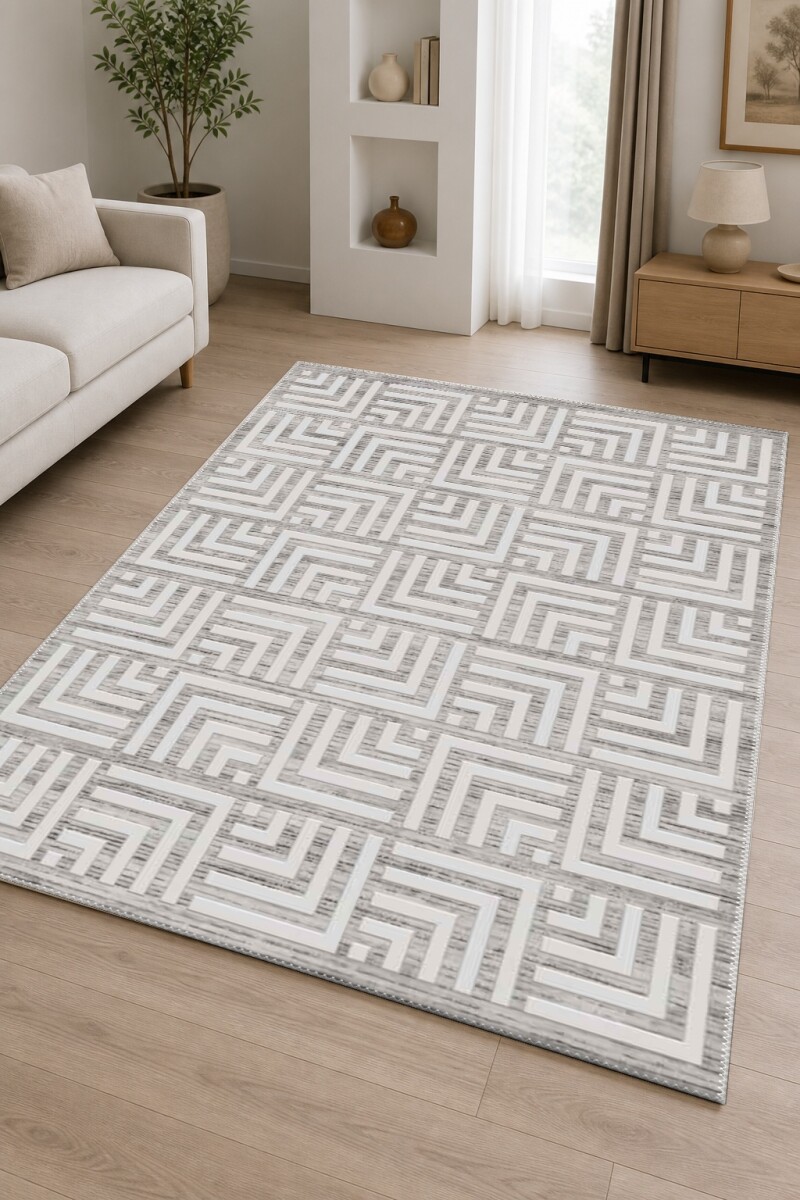 Açık Gri Çizgili Zemin Beyaz Greek Key Labirent Kare Modüler Tekrarlayan Modern Salon Halısı