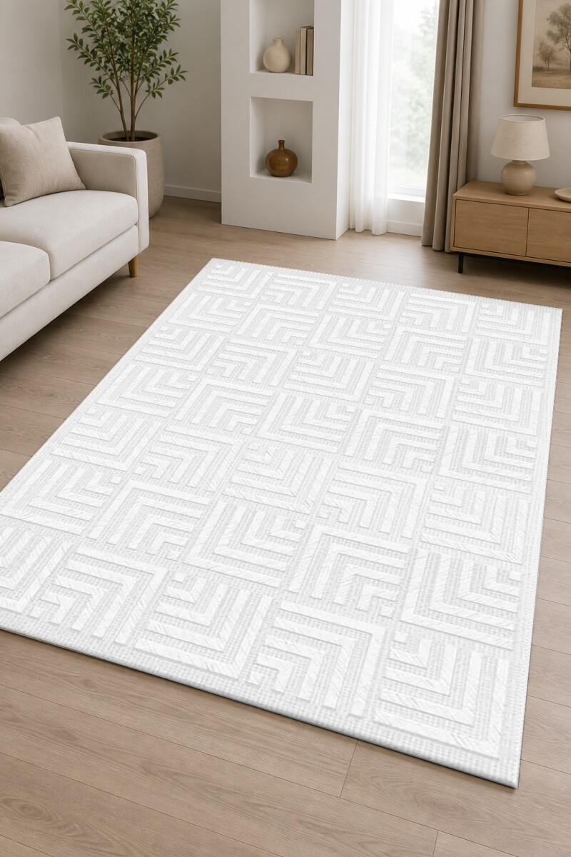 Beyaz Buz Beyazı Ton Üstü Ton Greek Key Labirent Modüler Tekrarlayan Minimal Salon Halısı