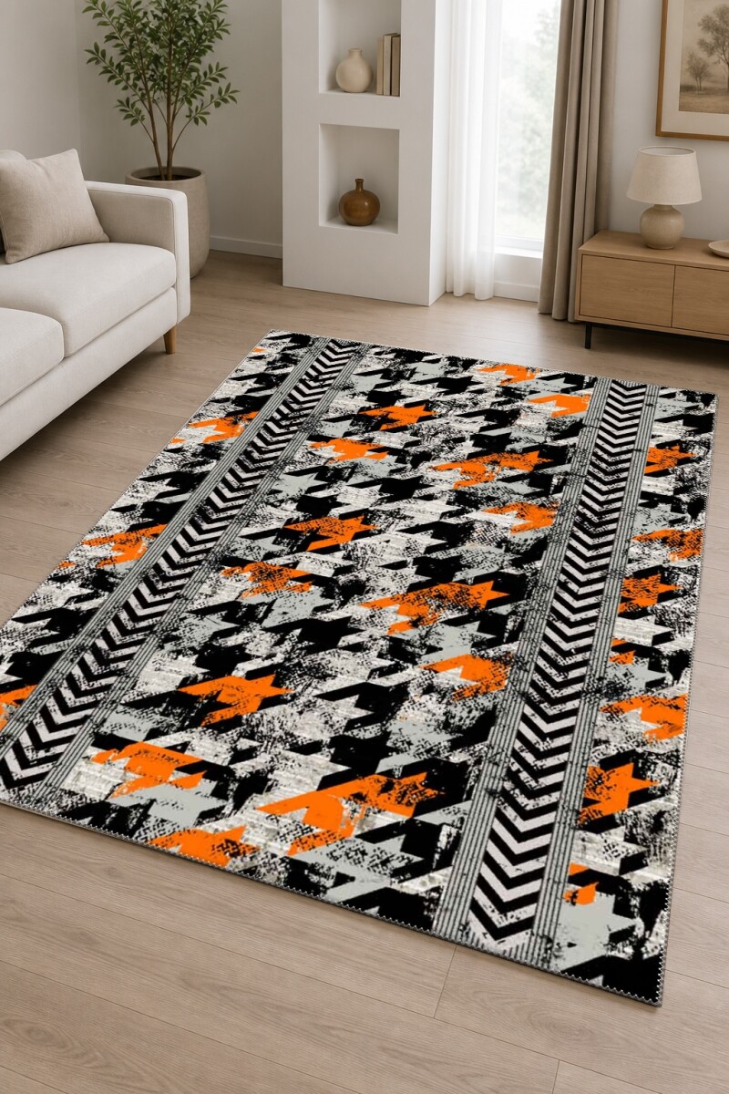 Siyah Beyaz Kazayağı Houndstooth Turuncu Aksanlı Diyagonal Chevron Şeritli Urban Salon Halısı