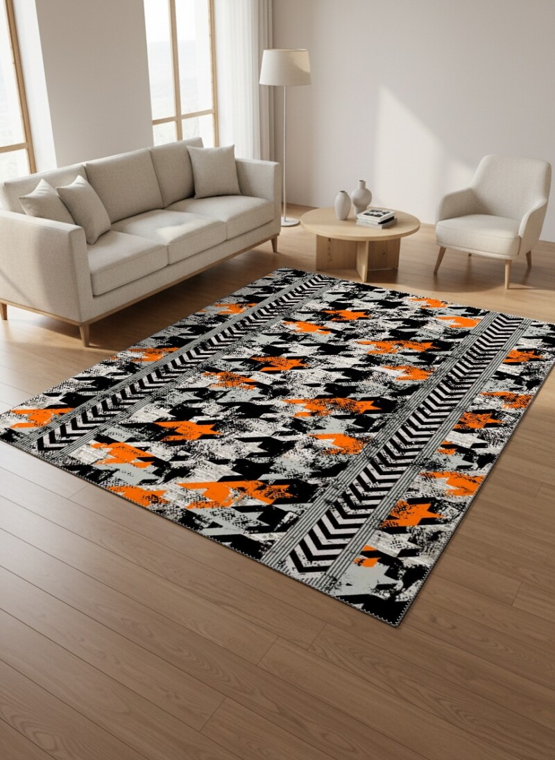 Siyah Beyaz Kazayağı Houndstooth Turuncu Aksanlı Diyagonal Chevron Şeritli Urban Salon Halısı