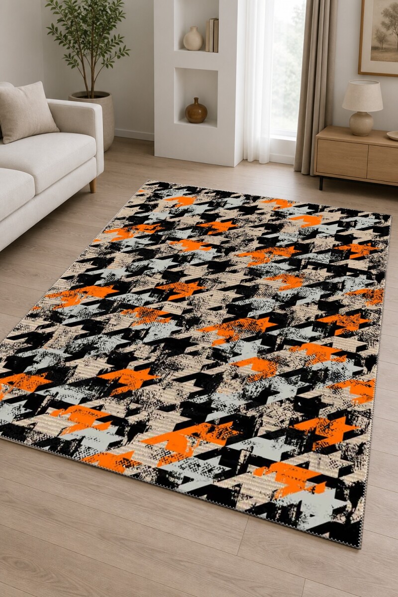 Siyah Zemin Turuncu Bej Gri Kazayağı Houndstooth Eskitme Distressed Urban Salon Halısı