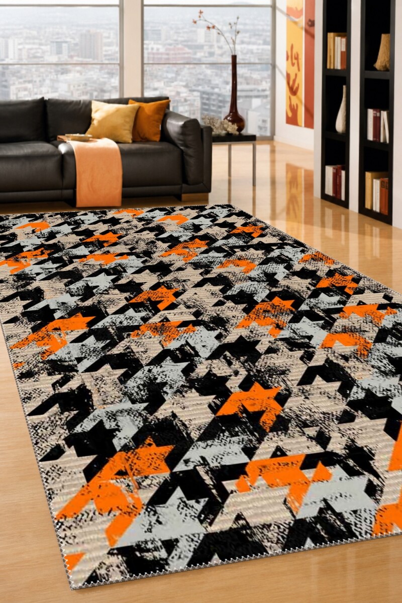 Siyah Zemin Turuncu Bej Gri Kazayağı Houndstooth Eskitme Distressed Urban Salon Halısı