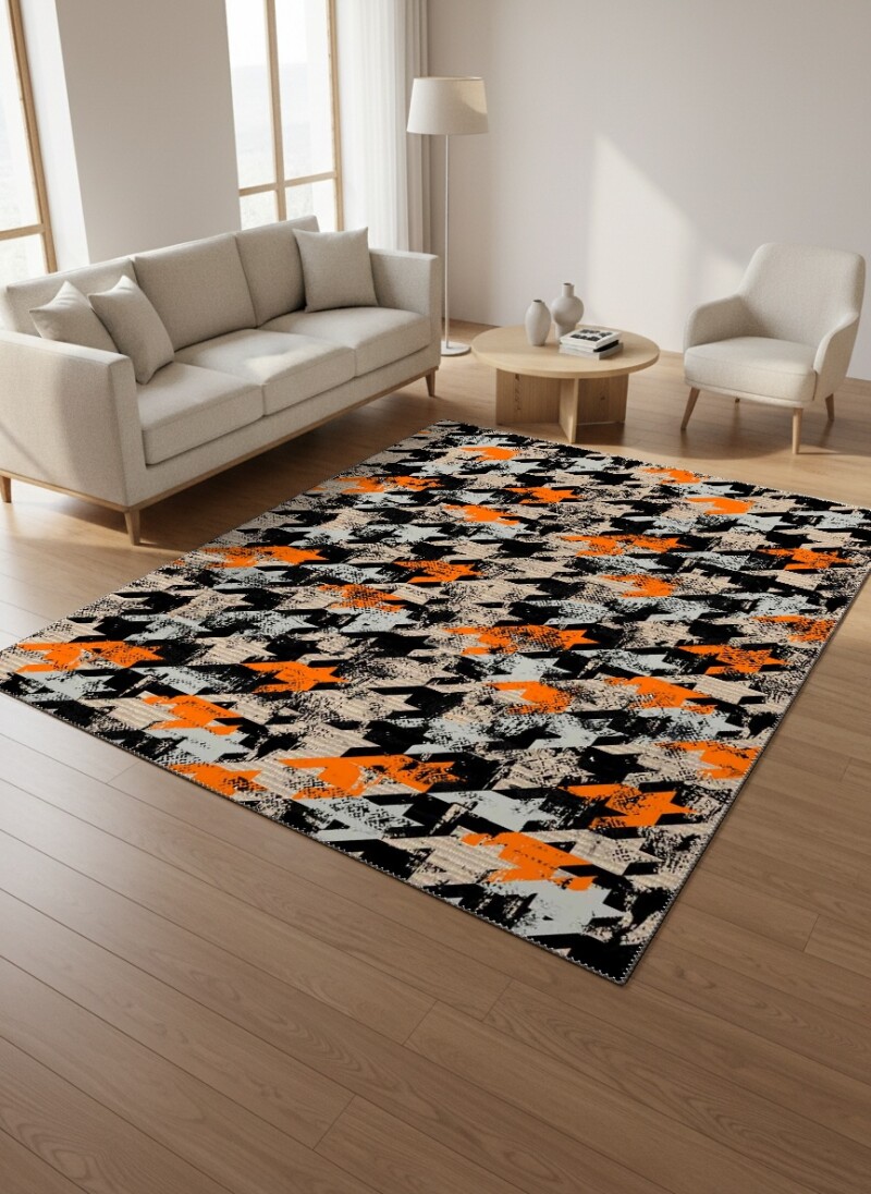 Siyah Zemin Turuncu Bej Gri Kazayağı Houndstooth Eskitme Distressed Urban Salon Halısı