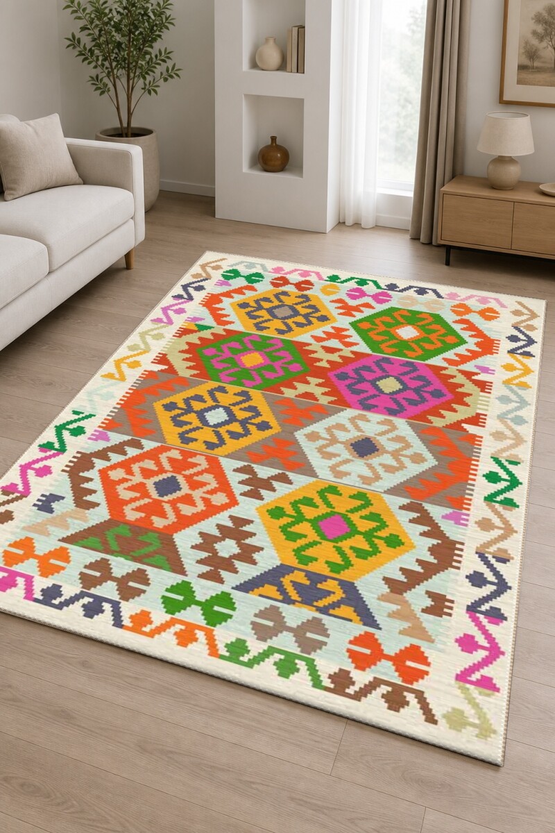 Çok Renkli Anadolu Kilim Altıgen Büyük Madalyon Geleneksel Canlı Bohem Salon Halısı
