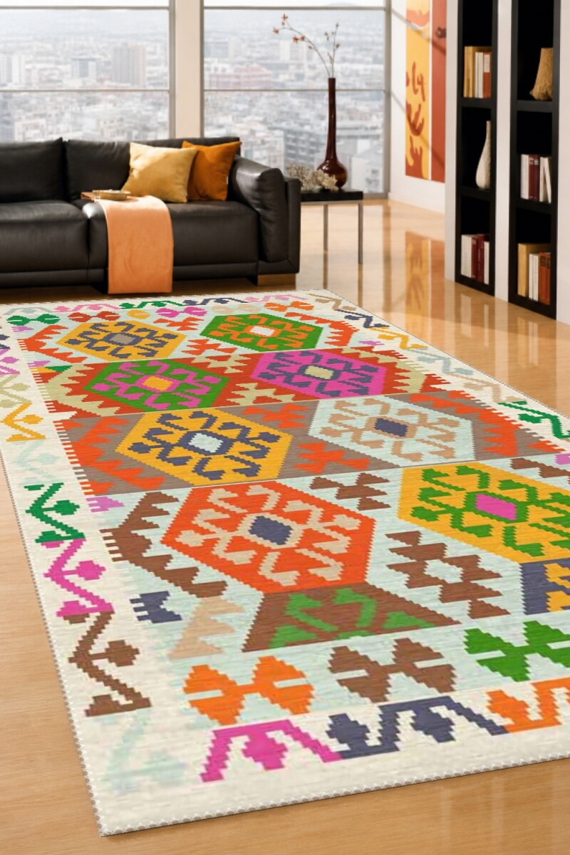 Çok Renkli Anadolu Kilim Altıgen Büyük Madalyon Geleneksel Canlı Bohem Salon Halısı