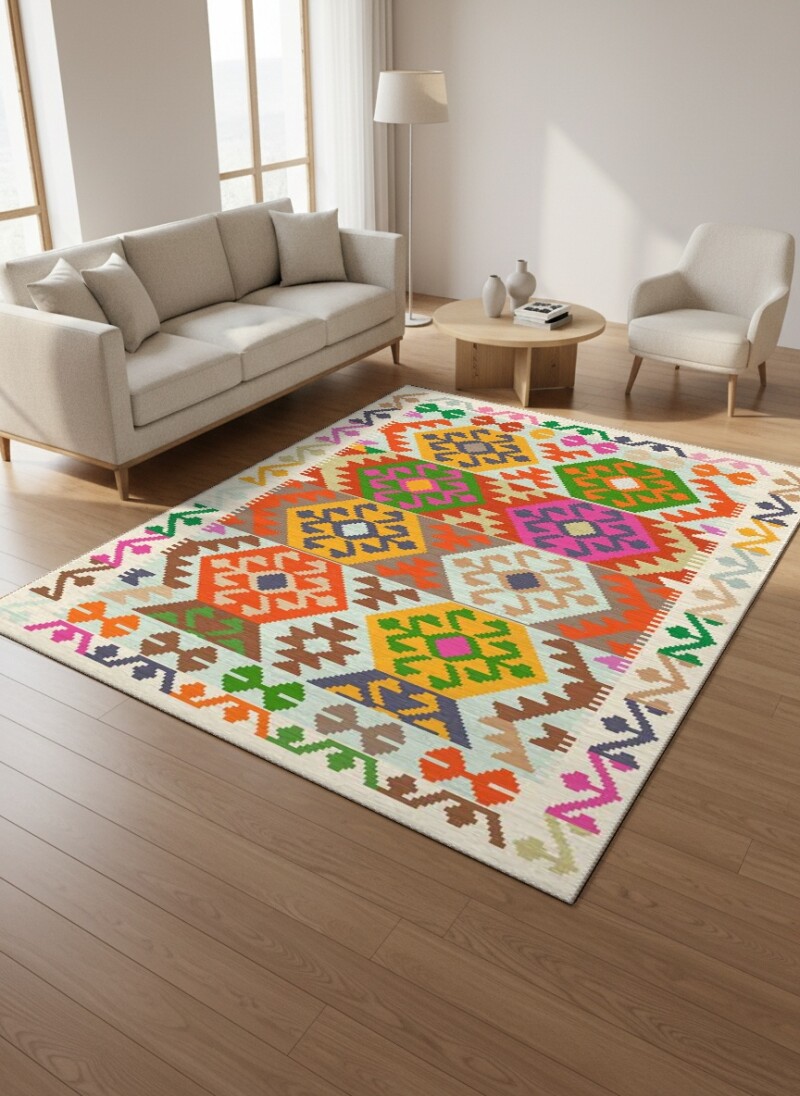 Çok Renkli Anadolu Kilim Altıgen Büyük Madalyon Geleneksel Canlı Bohem Salon Halısı