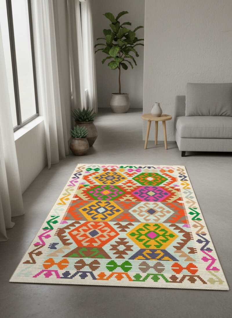 Çok Renkli Anadolu Kilim Altıgen Büyük Madalyon Geleneksel Canlı Bohem Salon Halısı