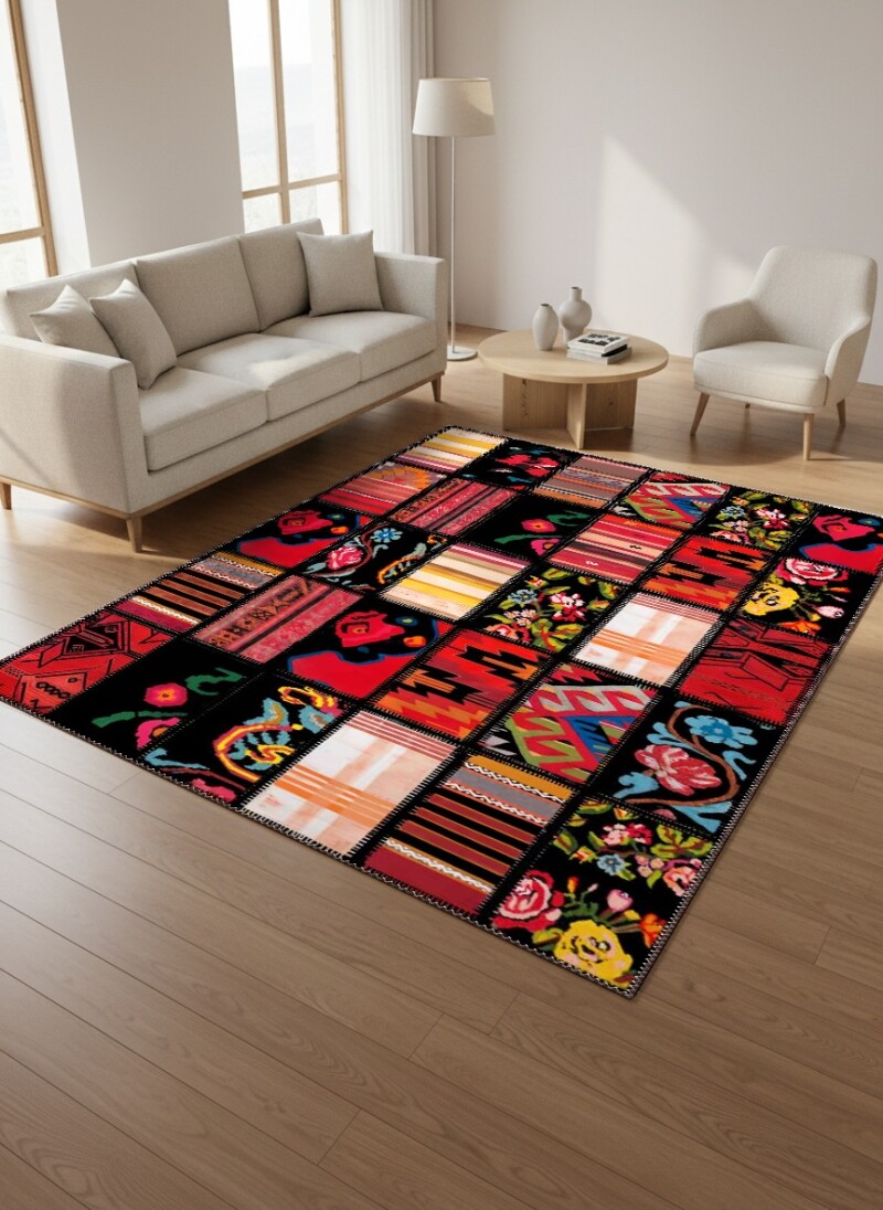 Siyah Zemin Çok Renkli Kilim Patchwork Kolaj Geleneksel Anadolu Şeritli Salon Halısı
