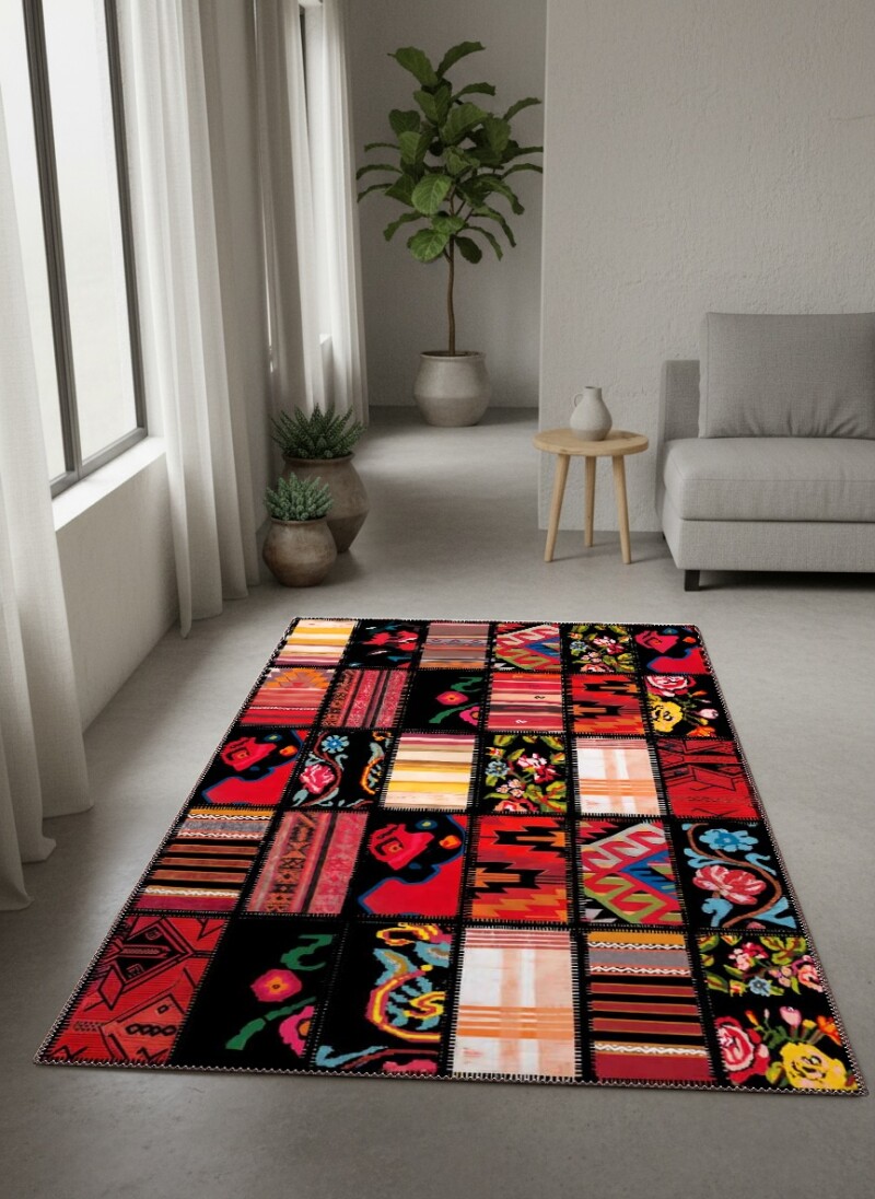 Siyah Zemin Çok Renkli Kilim Patchwork Kolaj Geleneksel Anadolu Şeritli Salon Halısı