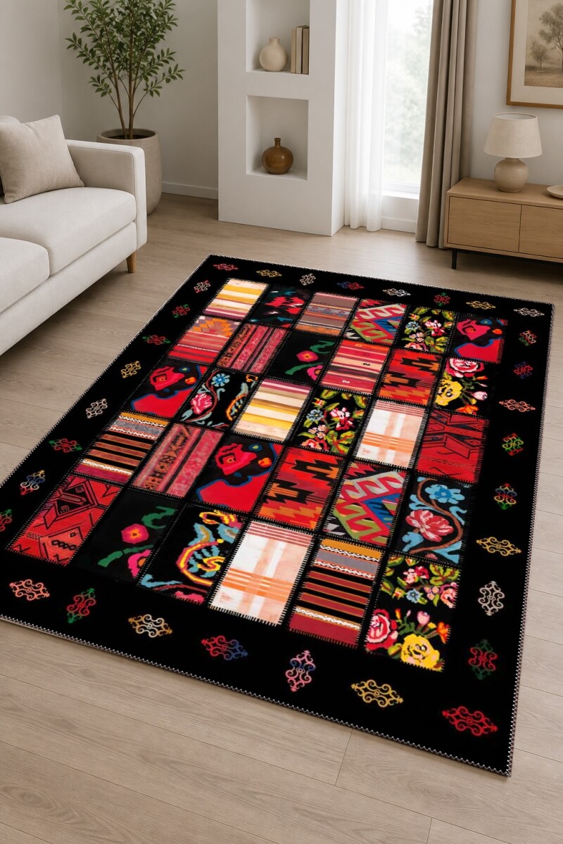 Siyah Zemin Çok Renkli Kilim Patchwork Kolaj Anadolu Kenar Bordürlü Büyük Salon Halısı