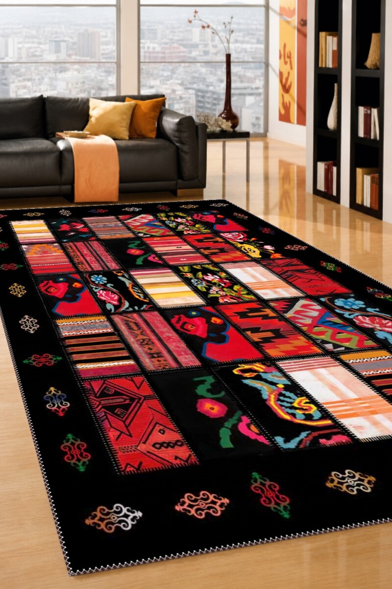 Siyah Zemin Çok Renkli Kilim Patchwork Kolaj Anadolu Kenar Bordürlü Büyük Salon Halısı