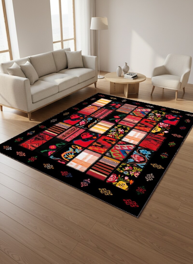 Siyah Zemin Çok Renkli Kilim Patchwork Kolaj Anadolu Kenar Bordürlü Büyük Salon Halısı