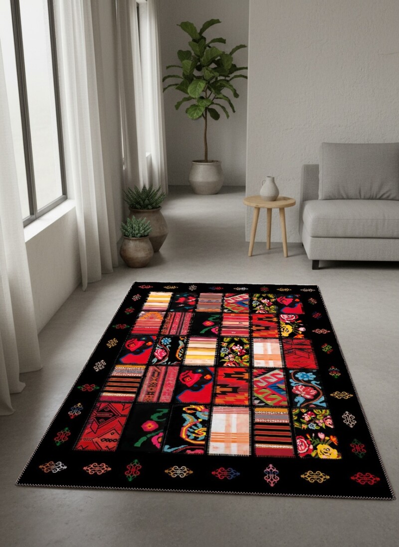 Siyah Zemin Çok Renkli Kilim Patchwork Kolaj Anadolu Kenar Bordürlü Büyük Salon Halısı