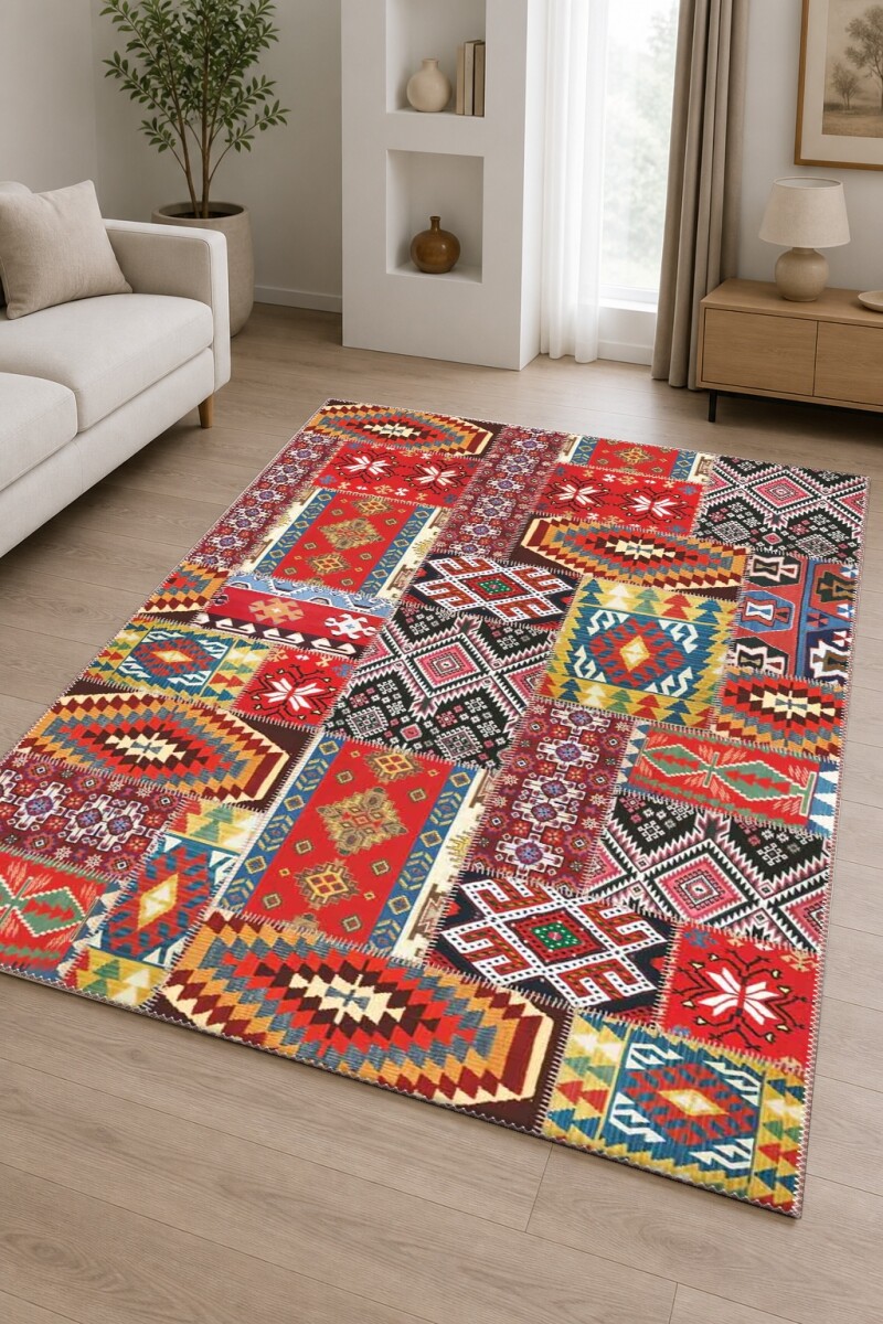Kırmızı Baskın Anadolu Kilim Patchwork Yıldız Ok Geometrik Etnik Geleneksel Salon Halısı