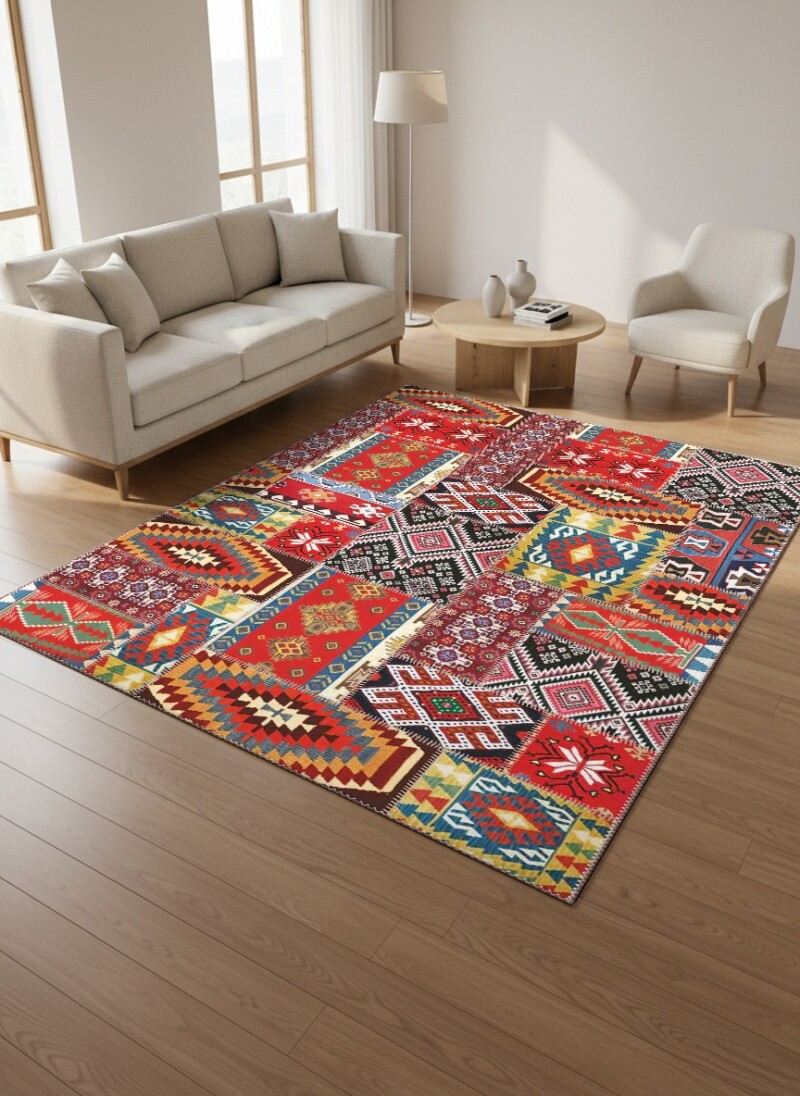 Kırmızı Baskın Anadolu Kilim Patchwork Yıldız Ok Geometrik Etnik Geleneksel Salon Halısı