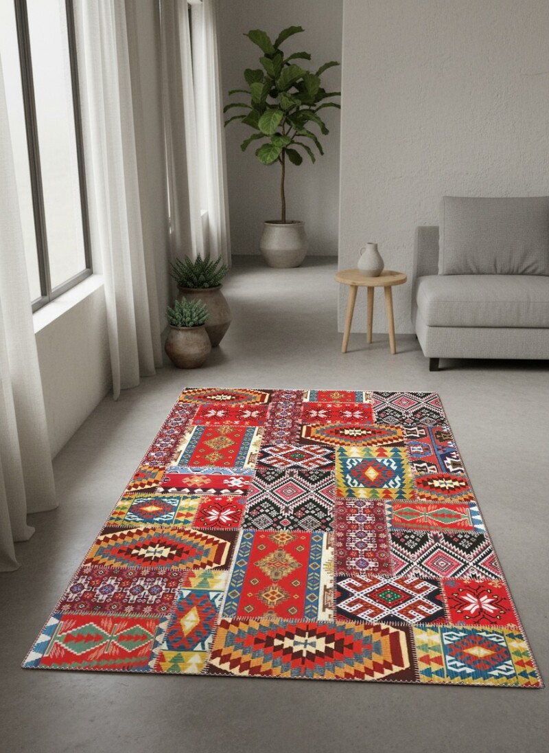 Kırmızı Baskın Anadolu Kilim Patchwork Yıldız Ok Geometrik Etnik Geleneksel Salon Halısı