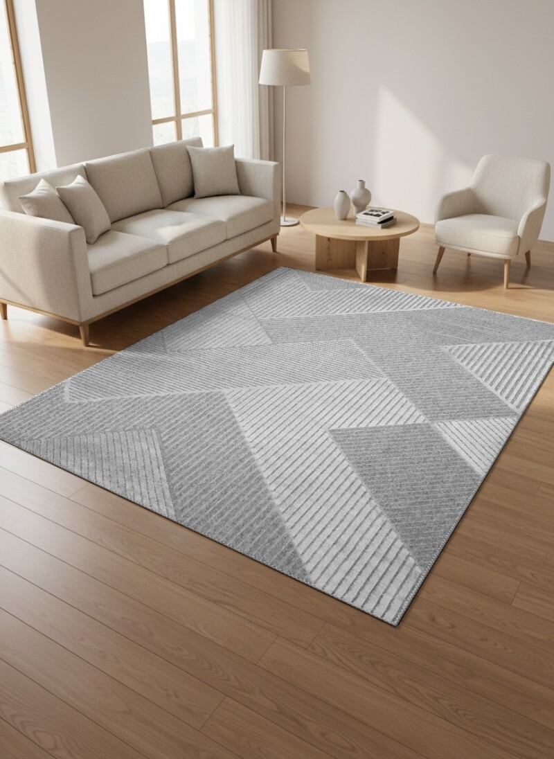 Açık Gri Ton Üstü Ton 3D Geometrik Köşegen Çizgi Rölyef Minimalist Lüks Salon Halısı