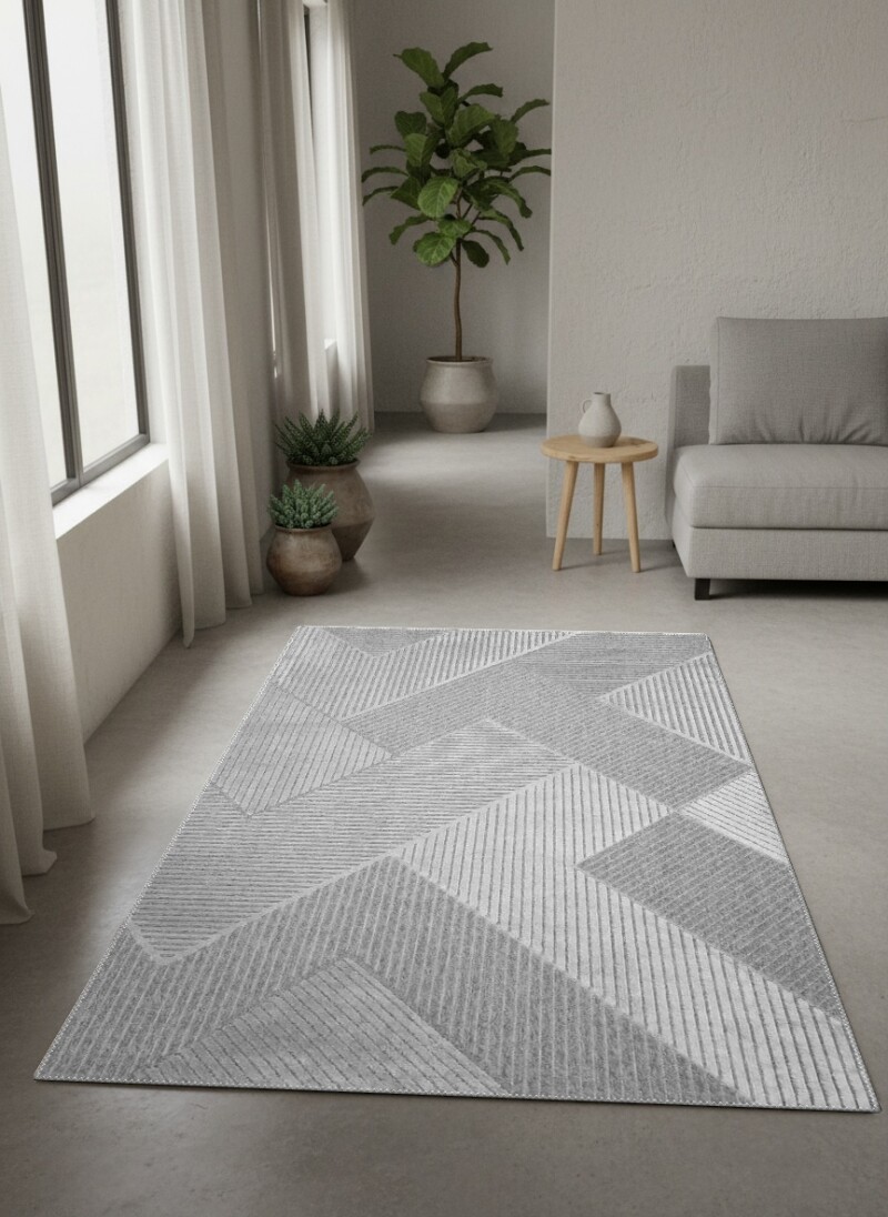 Açık Gri Ton Üstü Ton 3D Geometrik Köşegen Çizgi Rölyef Minimalist Lüks Salon Halısı
