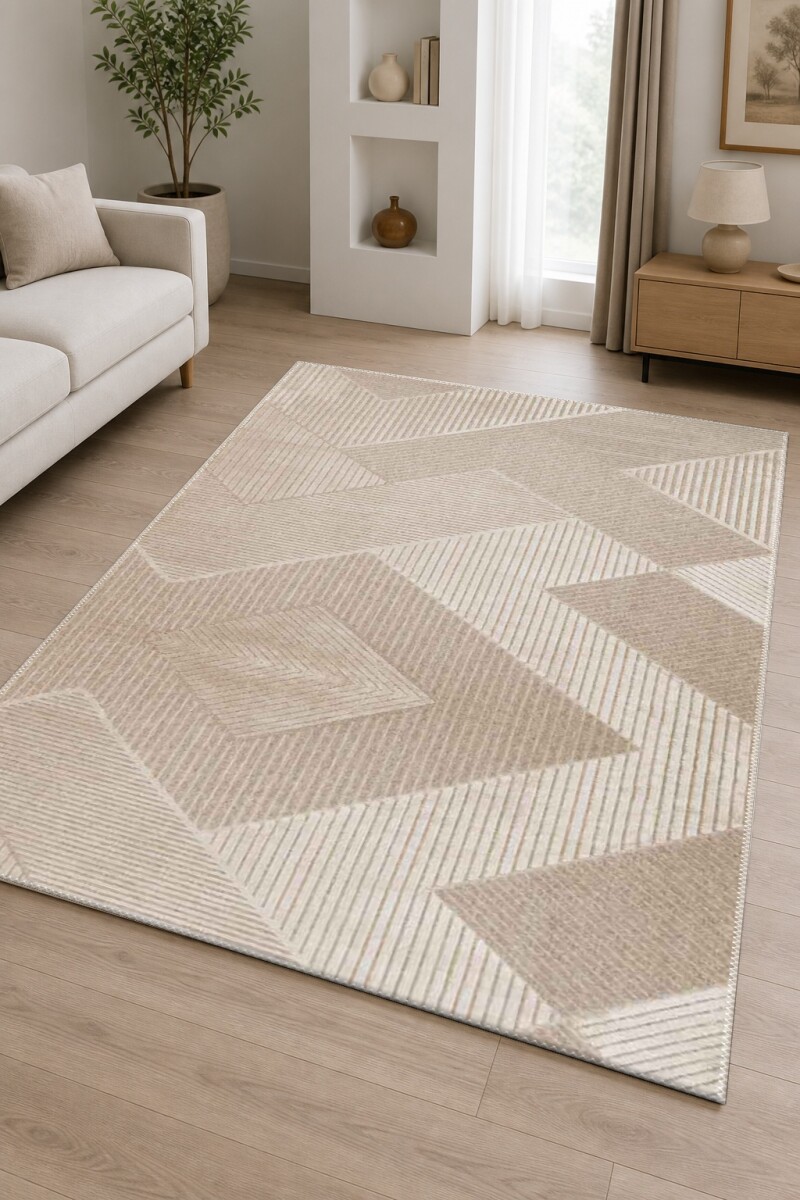 Bej Krem Ton Üstü Ton 3D Geometrik Baklava Chevron Çizgi Minimalist Doğal Salon Halısı