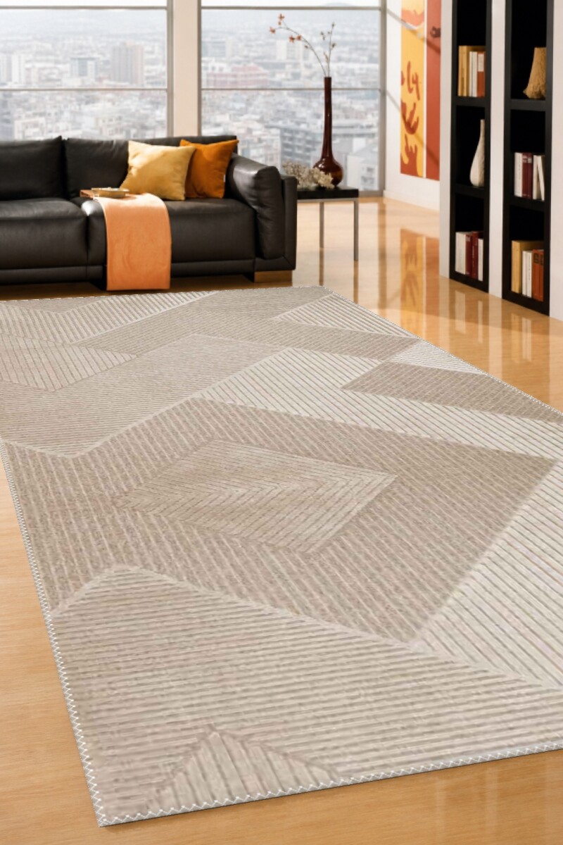 Bej Krem Ton Üstü Ton 3D Geometrik Baklava Chevron Çizgi Minimalist Doğal Salon Halısı