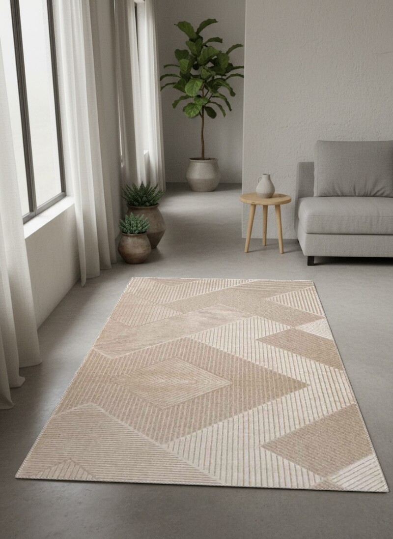 Bej Krem Ton Üstü Ton 3D Geometrik Baklava Chevron Çizgi Minimalist Doğal Salon Halısı