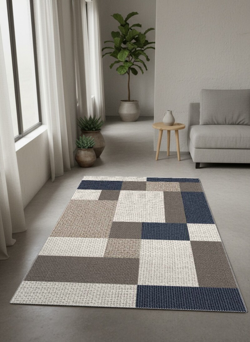 Lacivert Gri Taupe Bej Kare Blok Patchwork Dokulu Grid Modern Minimalist Salon Halısı