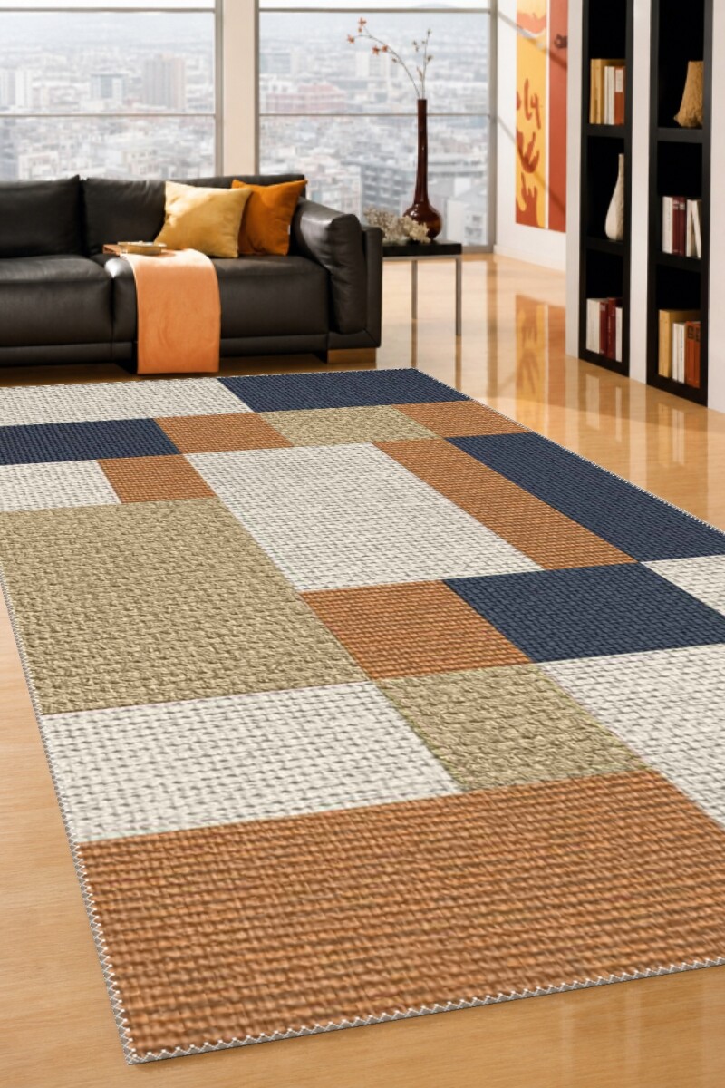 Lacivert Turuncu Amber Keten Bej Kare Blok Patchwork Dokulu Grid Modern Salon Halısı