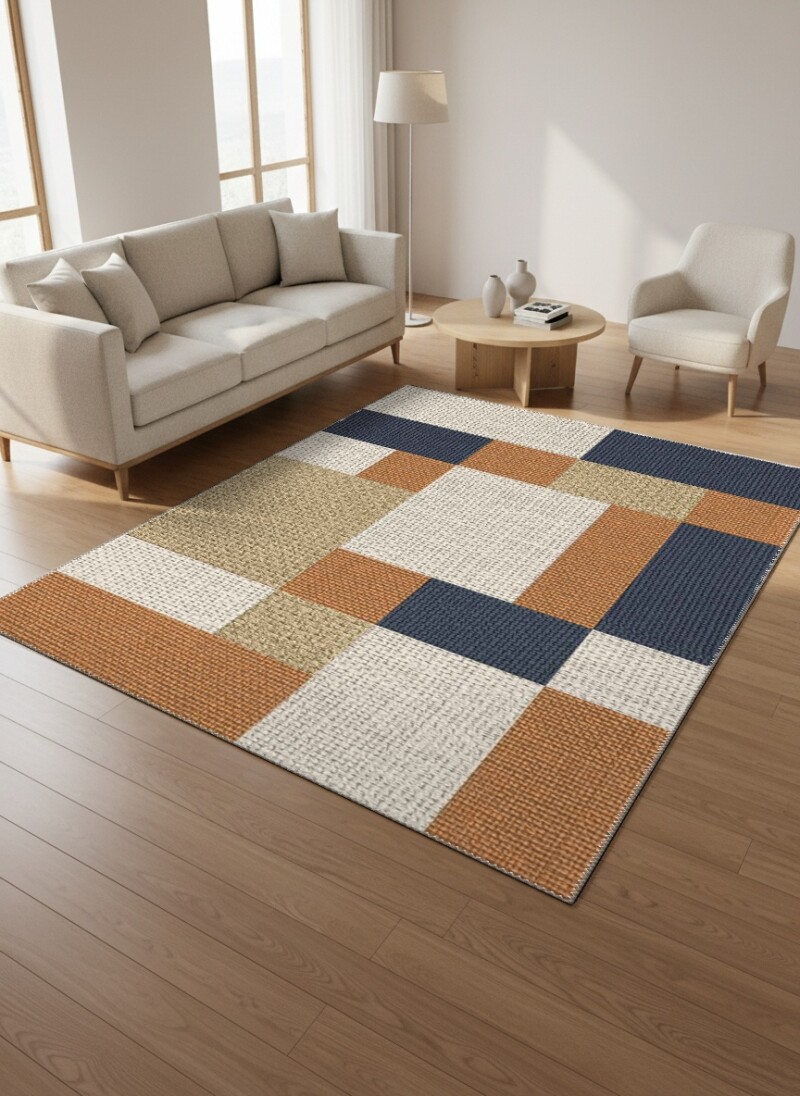 Lacivert Turuncu Amber Keten Bej Kare Blok Patchwork Dokulu Grid Modern Salon Halısı