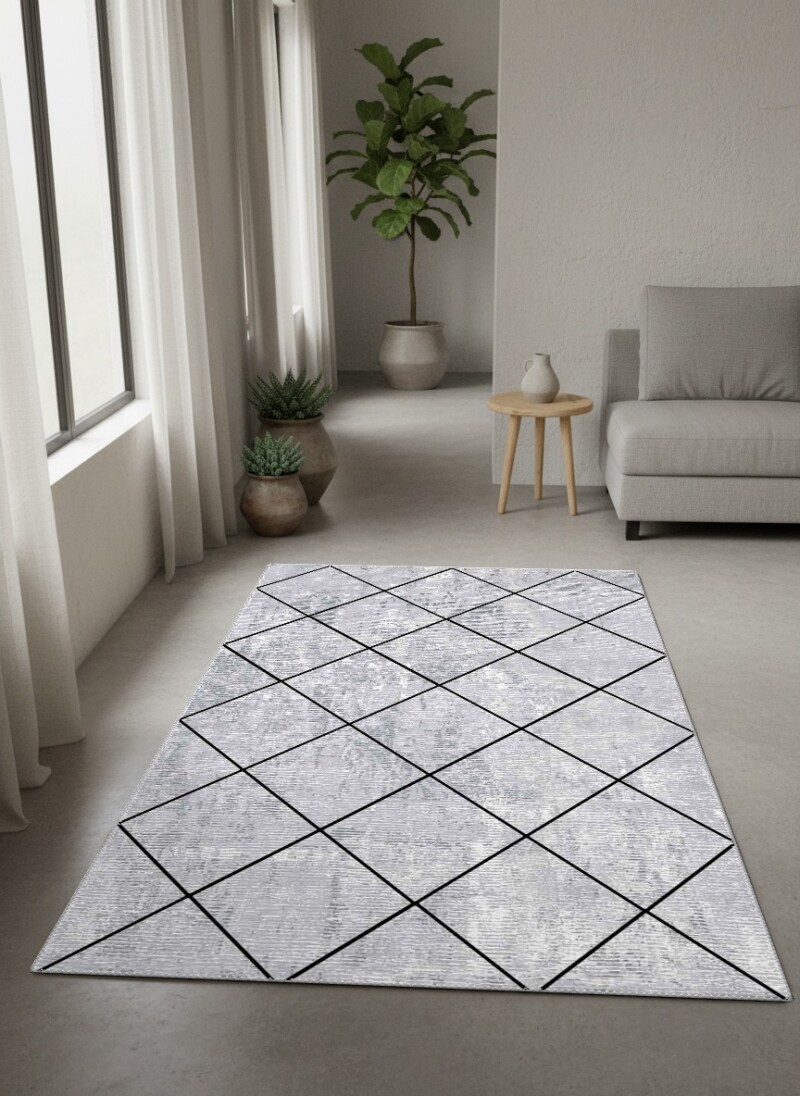 Açık Gri Beton Doku Siyah İnce Çizgi Baklava Elmas Diyagonal Kafes Geometrik Salon Halısı