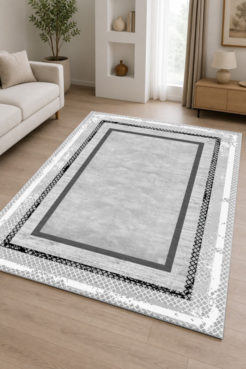 Açık Gri Beyaz Vintage Çerçeveli Siyah Dantel Örgü Kenar Bordürlü Minimal Sade Salon Halısı