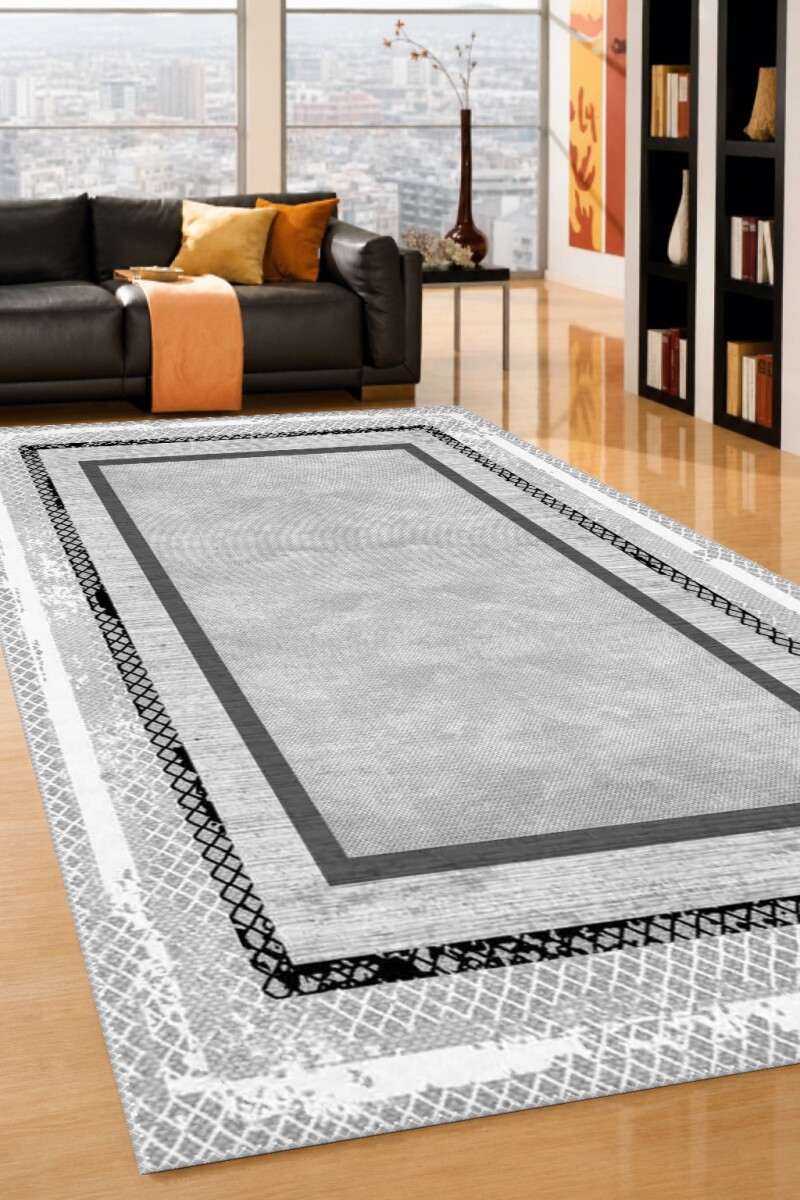 Açık Gri Beyaz Vintage Çerçeveli Siyah Dantel Örgü Kenar Bordürlü Minimal Sade Salon Halısı