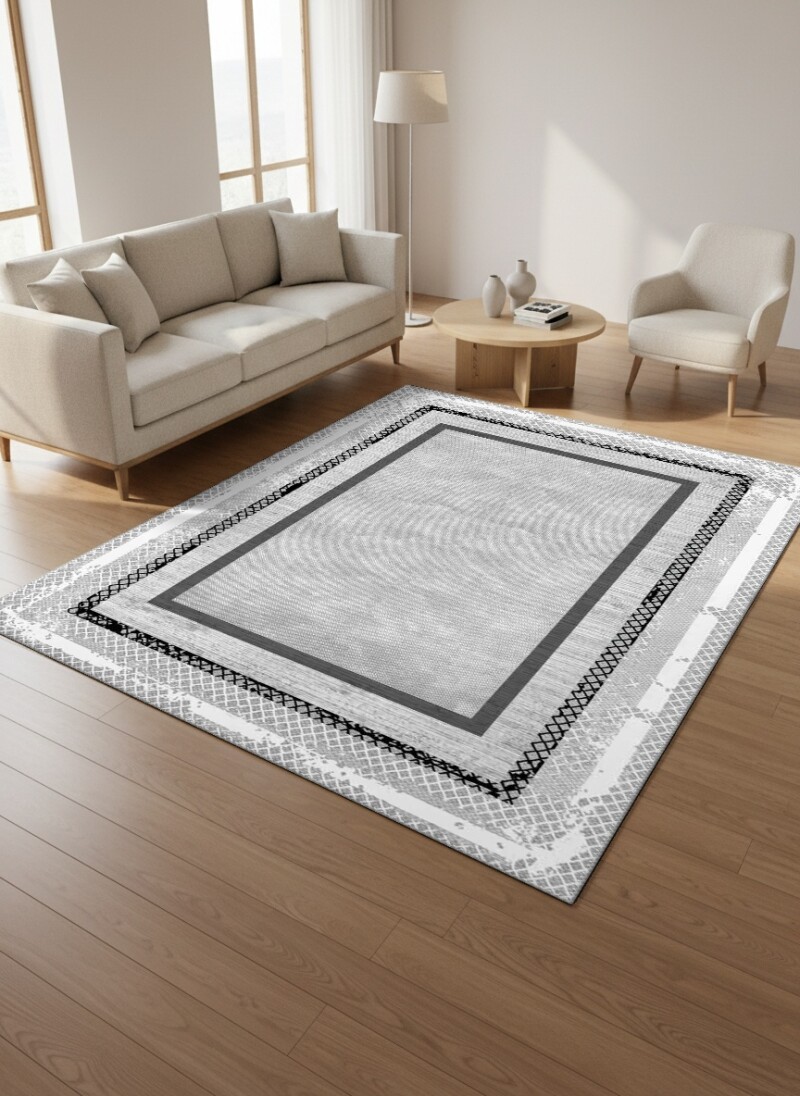 Açık Gri Beyaz Vintage Çerçeveli Siyah Dantel Örgü Kenar Bordürlü Minimal Sade Salon Halısı
