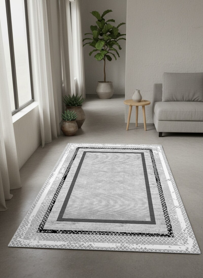 Açık Gri Beyaz Vintage Çerçeveli Siyah Dantel Örgü Kenar Bordürlü Minimal Sade Salon Halısı
