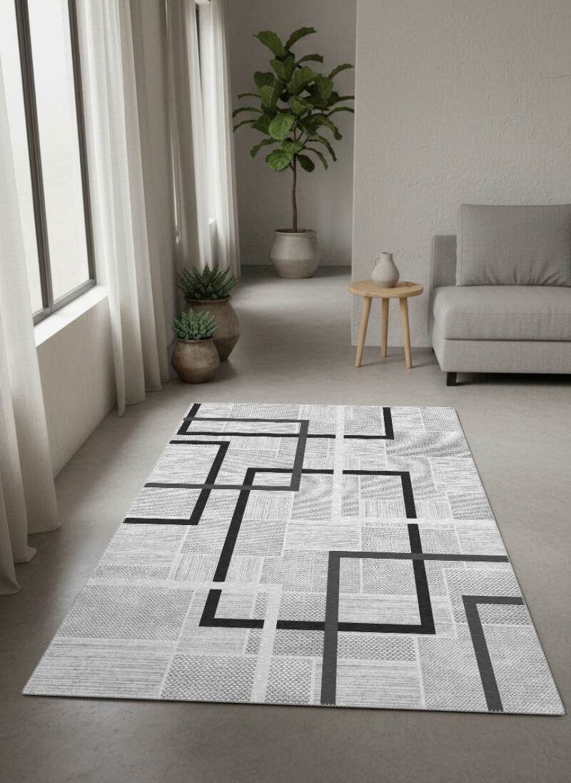 Açık Gri Zemin Siyah Kalın İç İçe Kare Dikdörtgen Çerçeve Geometrik Bold Modern Salon Halısı