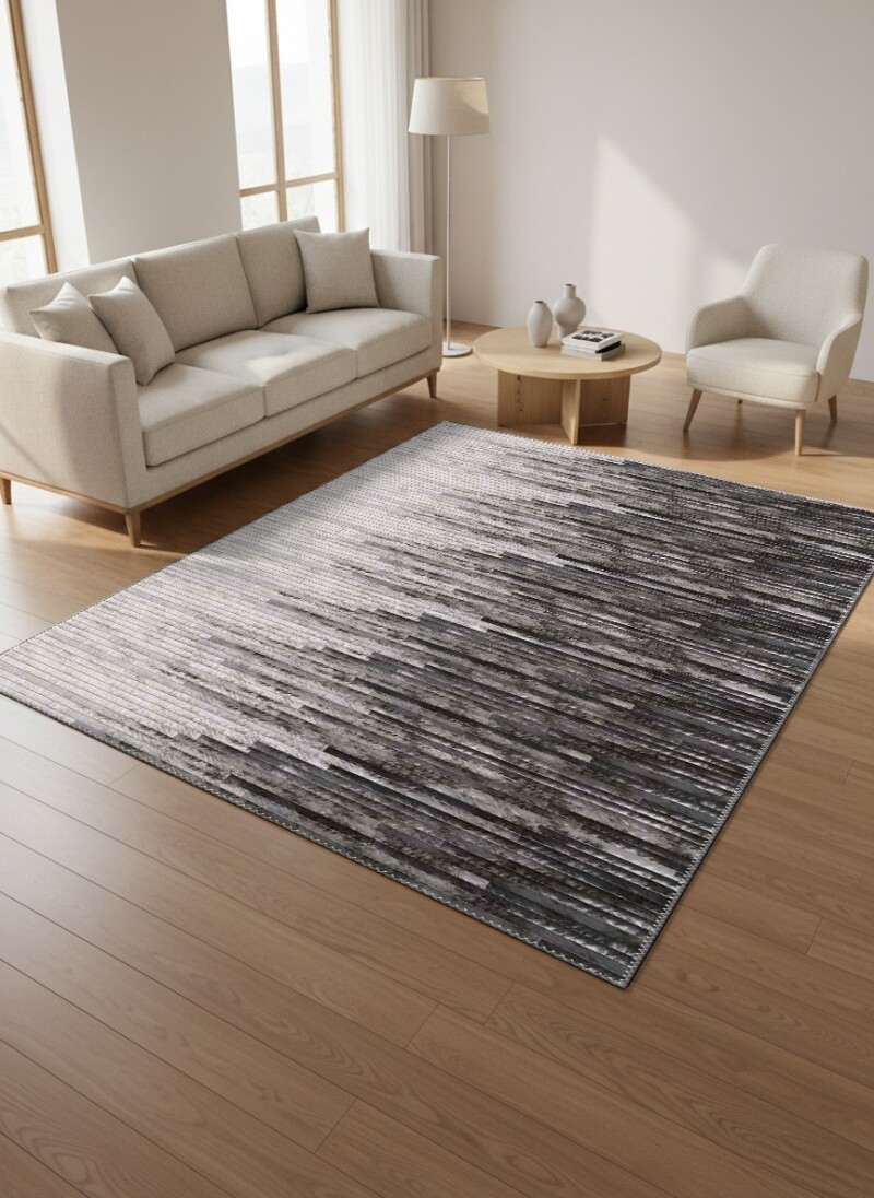 Açık Gri Antrasit Degrade Ombre Yatay İnce Şerit Gradient Geçişli Modern Salon Halısı