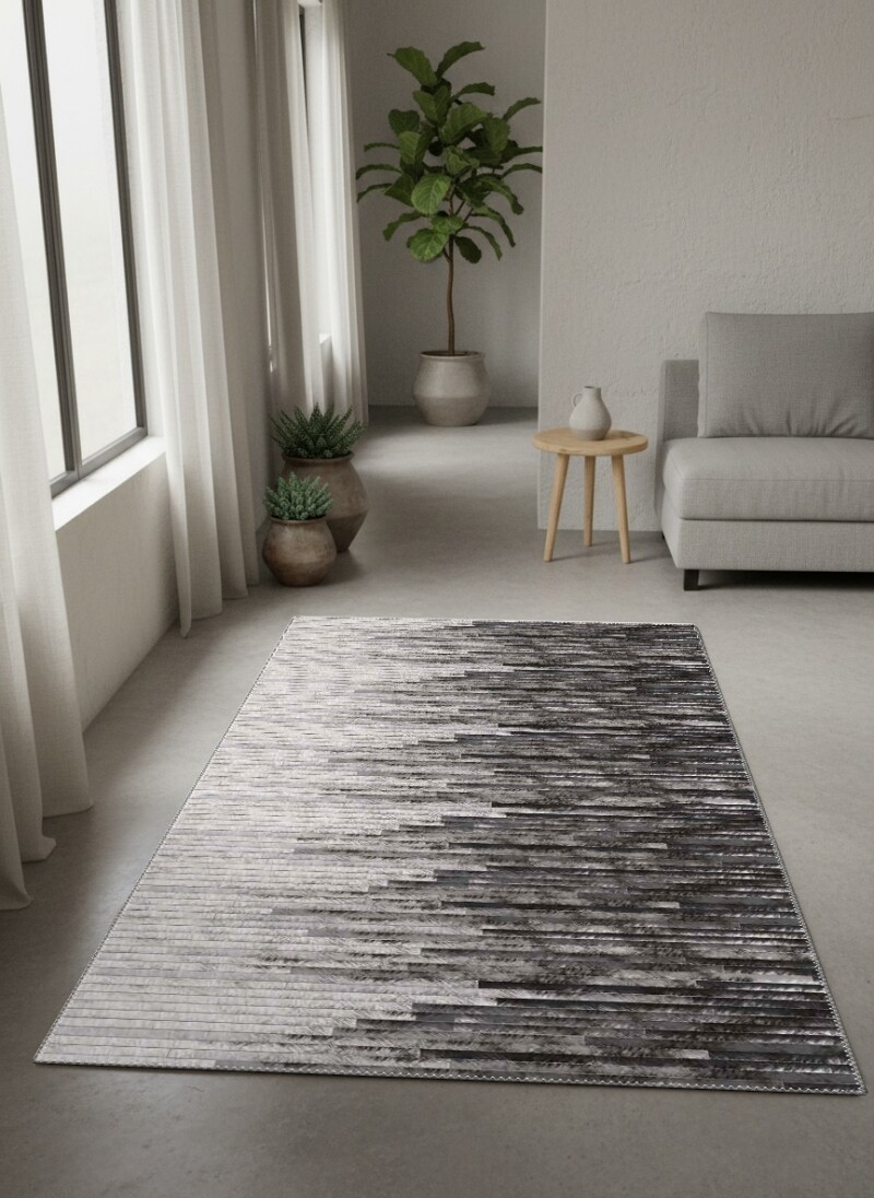 Açık Gri Antrasit Degrade Ombre Yatay İnce Şerit Gradient Geçişli Modern Salon Halısı