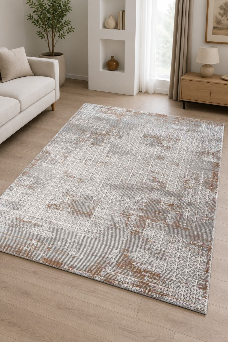 Bej Krem Zemin Beyaz İnce Geometrik Kafes Izgaralı Eskitme Distressed Vintage Salon Halısı