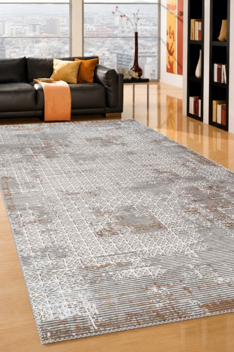 Bej Krem Zemin Beyaz İnce Geometrik Kafes Izgaralı Eskitme Distressed Vintage Salon Halısı