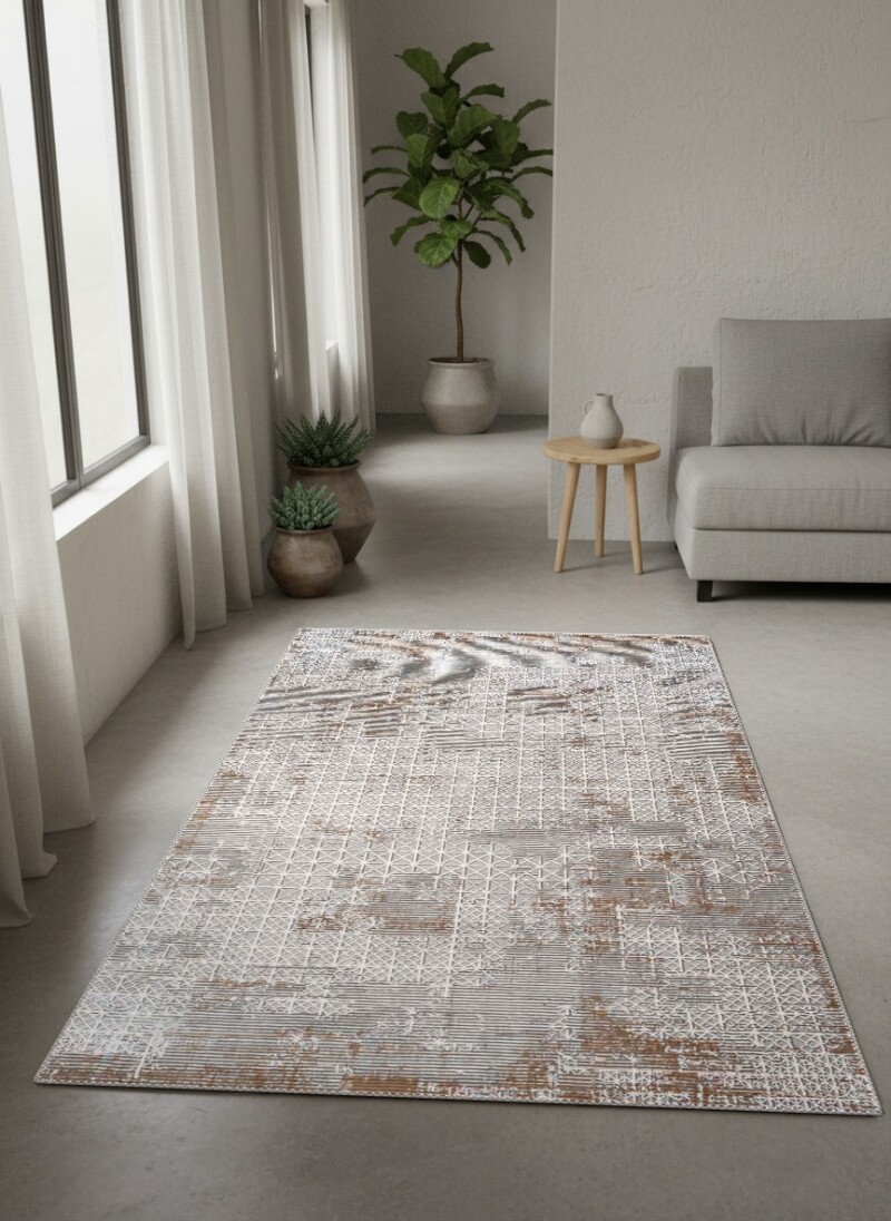 Bej Krem Zemin Beyaz İnce Geometrik Kafes Izgaralı Eskitme Distressed Vintage Salon Halısı