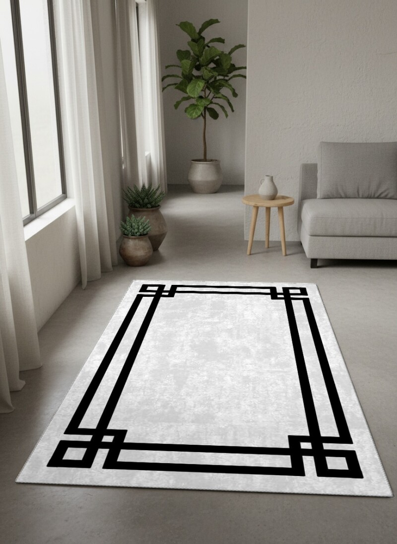 Beyaz Gri Eskitme Zemin Siyah Kalın Art Deco Geometrik Çerçeve Bordürlü Dramatik Salon Halısı