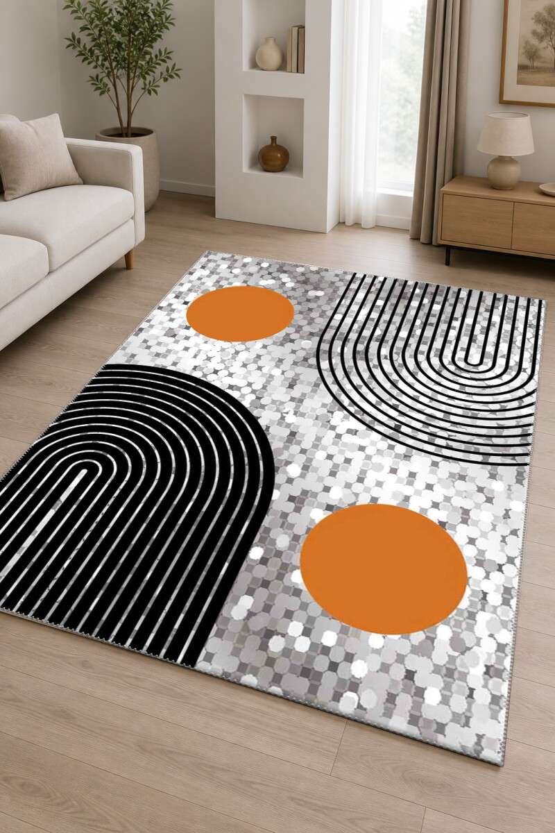 Gümüş Mozaik Zemin Turuncu Güneş Daire Siyah Yay Çizgi Mid-Century Modern Abstract Salon Halısı