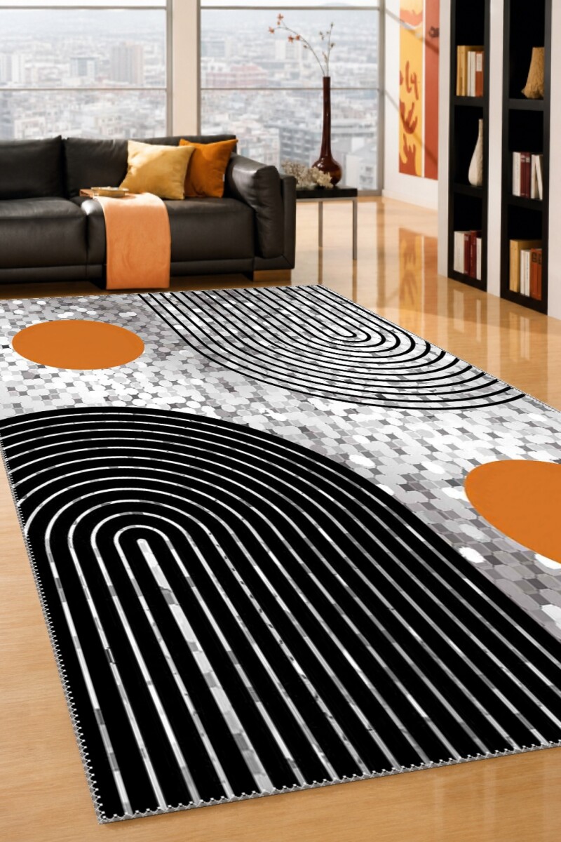 Gümüş Mozaik Zemin Turuncu Güneş Daire Siyah Yay Çizgi Mid-Century Modern Abstract Salon Halısı