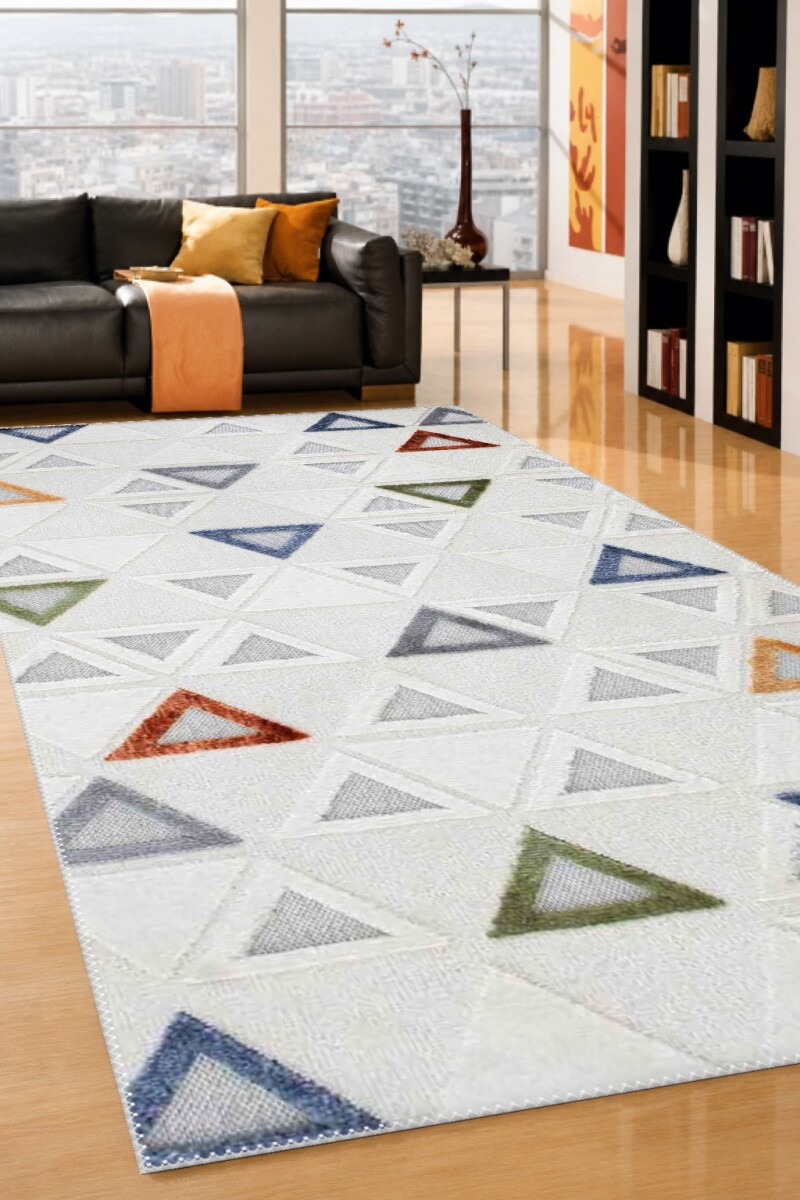 Beyaz Krem Zemin Çok Renkli Üçgen Motifli Rölyef Kabartmalı Modern Geometrik Salon Halısı