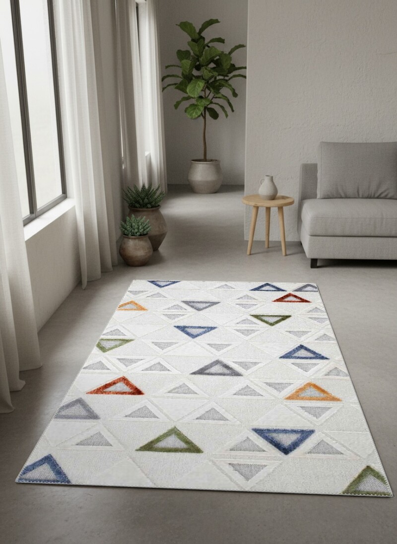 Beyaz Krem Zemin Çok Renkli Üçgen Motifli Rölyef Kabartmalı Modern Geometrik Salon Halısı