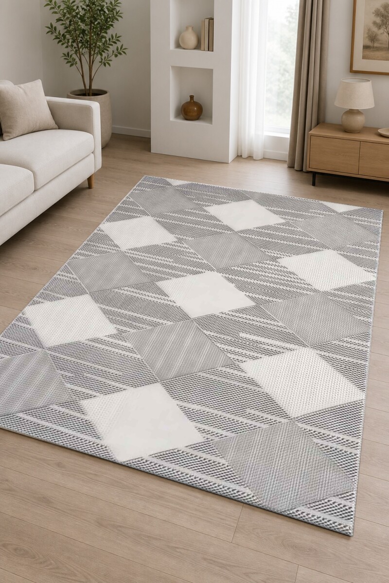 Açık Gri Beyaz Ton Üstü Ton Büyük Baklava Geometrik X Dokulu Modern Salon Halısı