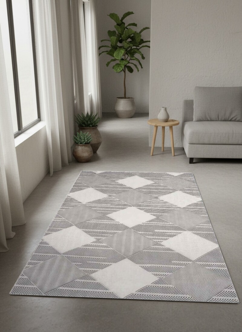 Açık Gri Beyaz Ton Üstü Ton Büyük Baklava Geometrik X Dokulu Modern Salon Halısı