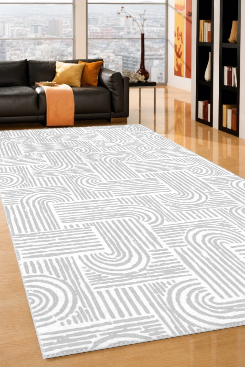 Beyaz Açık Gri Ton Üstü Ton Labirent Meander Spiral Yay Çizgi Bauhaus Modern Salon Halısı
