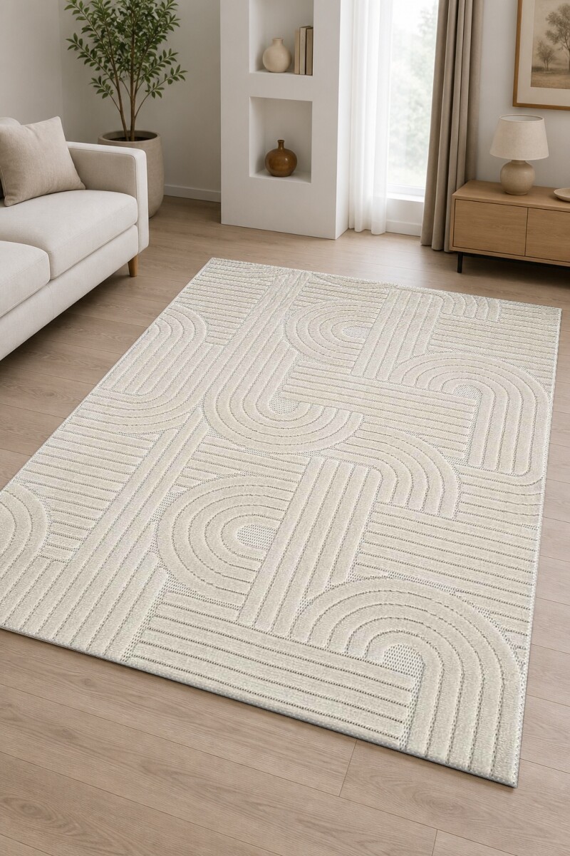 Krem Bej Ton Üstü Ton Labirent Meander Spiral Yay Çizgi Rölyef Büyük Salon Halısı