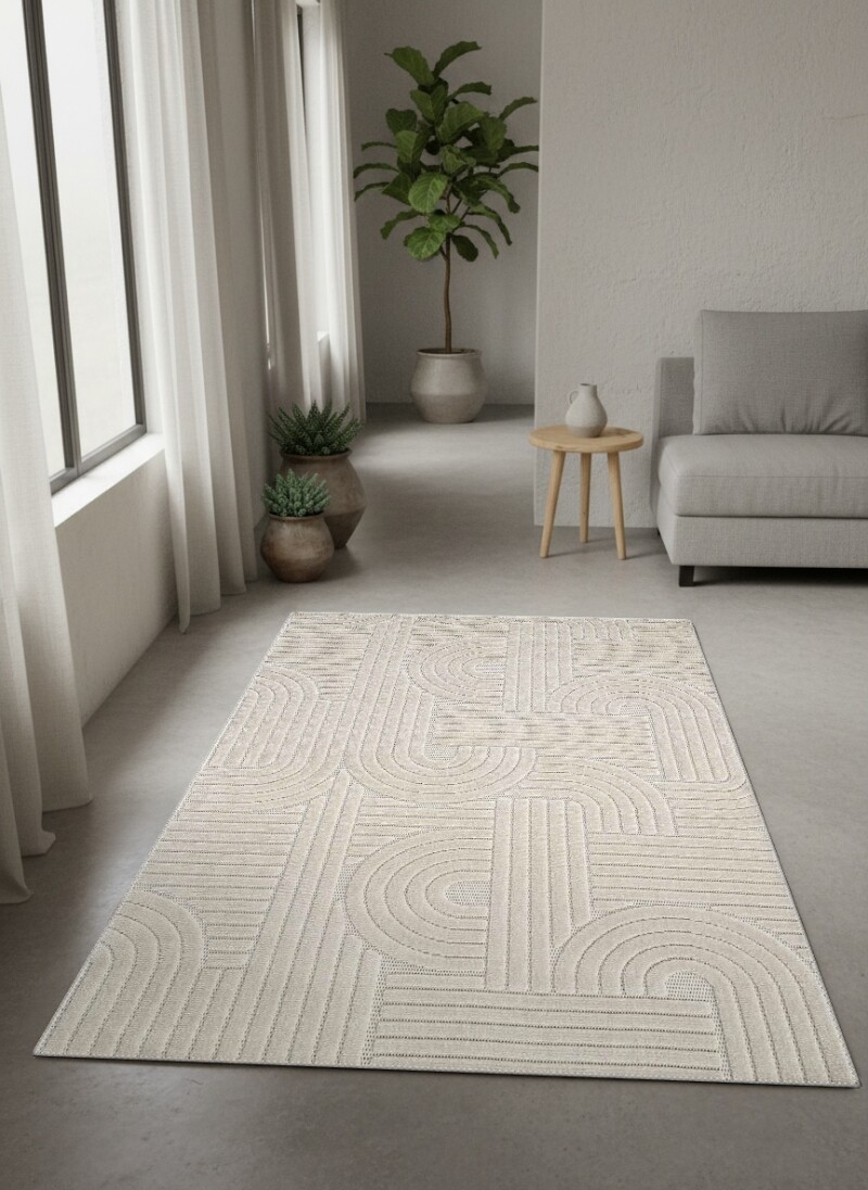 Krem Bej Ton Üstü Ton Labirent Meander Spiral Yay Çizgi Rölyef Büyük Salon Halısı