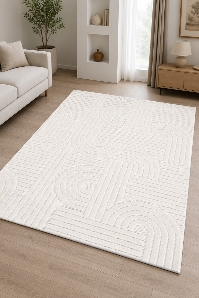 Beyaz Krem Ton Üstü Ton Labirent Meander Yay Çizgi İnce Rölyef Minimalist Salon Halısı